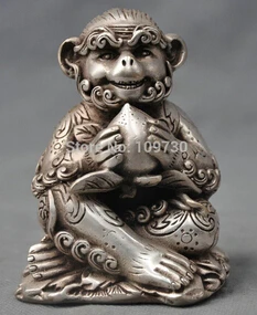 

free shipping 5'' China Silver Bronze Feng Shui Zodiac Monkey Auspicious Bronze Statue