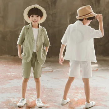

3 Colors Korean Toddler Boys Cotton Linen Blazer Clothing Sets Kids Single-breasted Shirt and Shorts 2pcs Formal Suits Summer