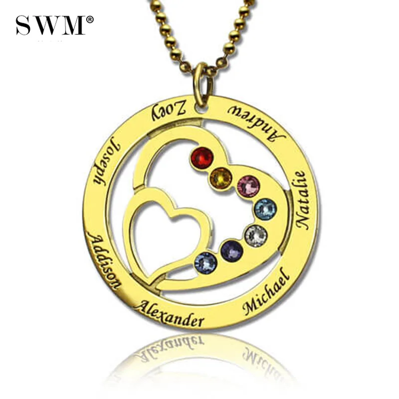 

Custom Collares Necklace Gold Color Jewelery Engraved Name Birth Stone Collares Family Heaet in Heart Pendant Chain Mom Jewelry