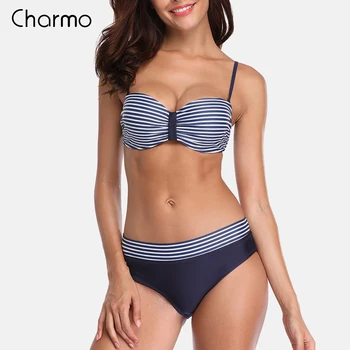Charmo Women Bikini Set Retro swimwear Striped Bikini Floral Printed Swimwear Women Sexy Swimsuit underwire vintage bikini set braided strap detail floral bikini set