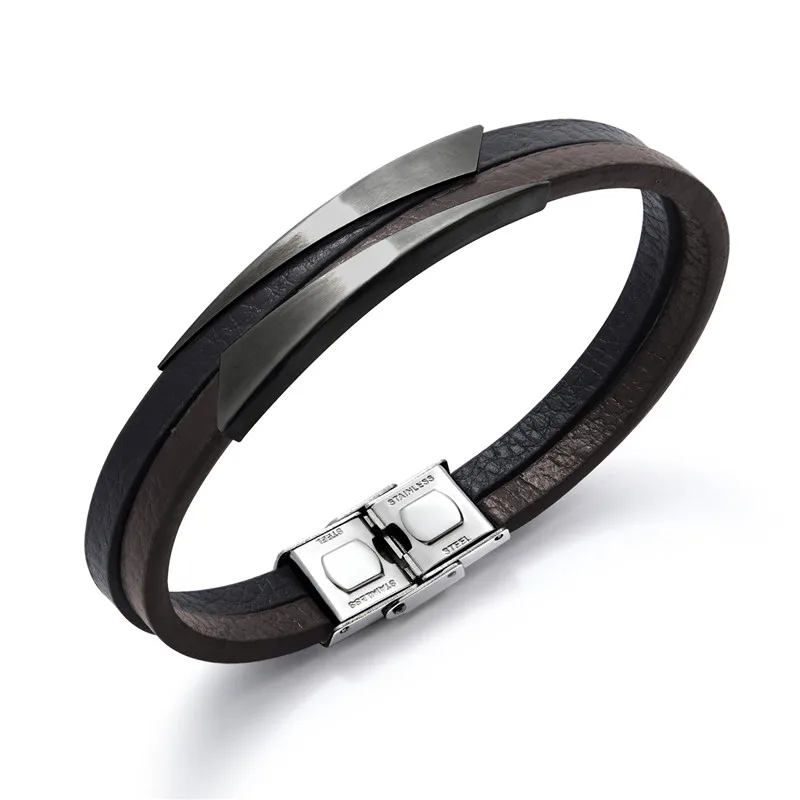 

New Hot Men Bracelets Black Punk Leather Bracelets Bangles Unique Shape Stainless Steel Bracelet Male Bangle Pulsera