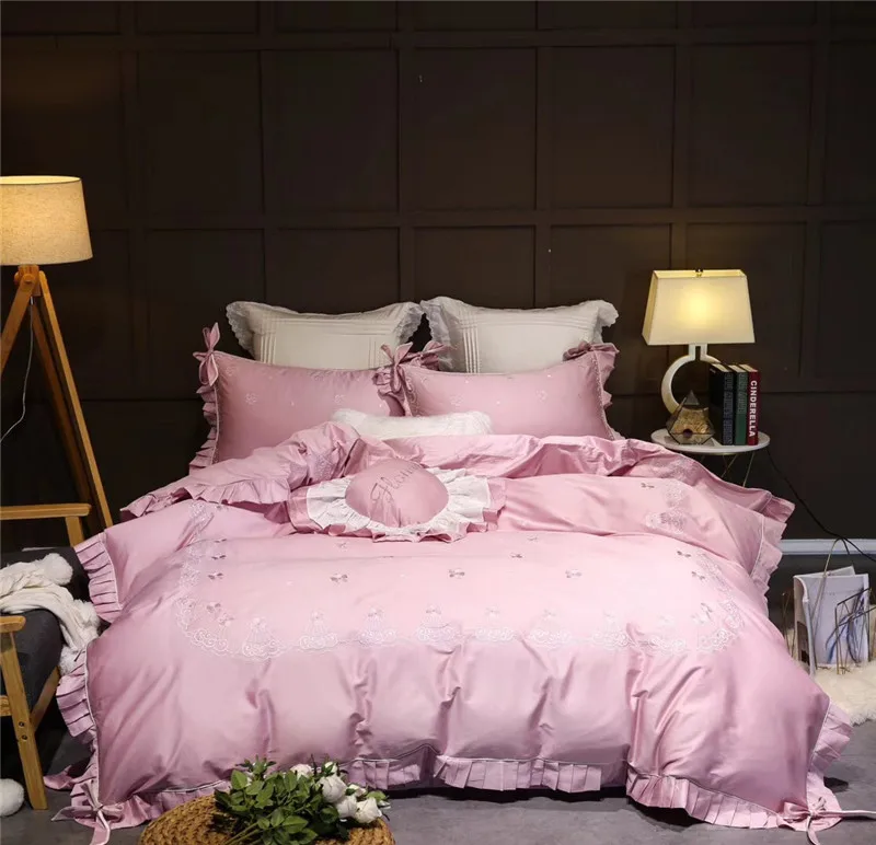 cheap 4 7pcs Pink Princess luxury Embroidery Egyptian cotton Bedding Set Duvet Cover Bed sheet Bed Linen Pillowcases Queen King size