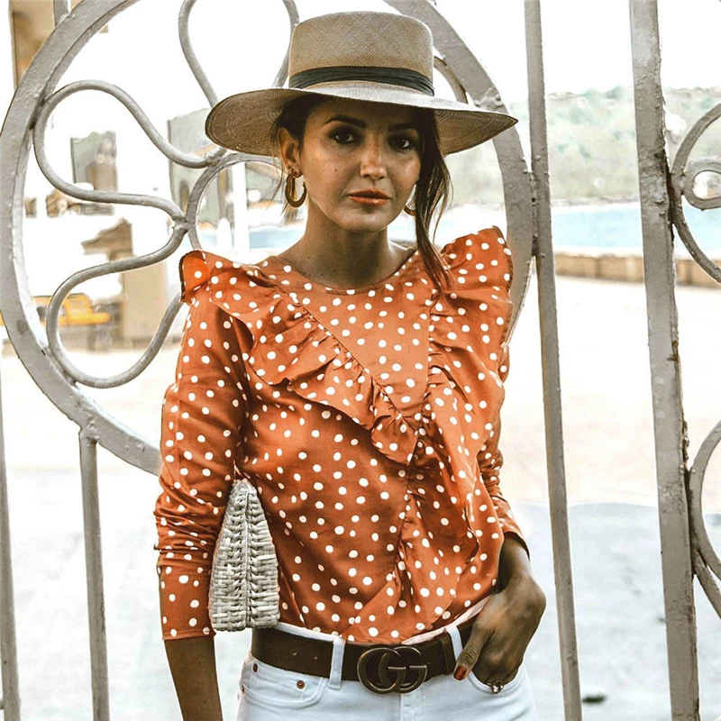 

New Women Fashion Polka Dots Vintage Blouse Ladies Celebrity Long Sleeve O neck Blouses Female retro Falbala Ruffle shirt Tops
