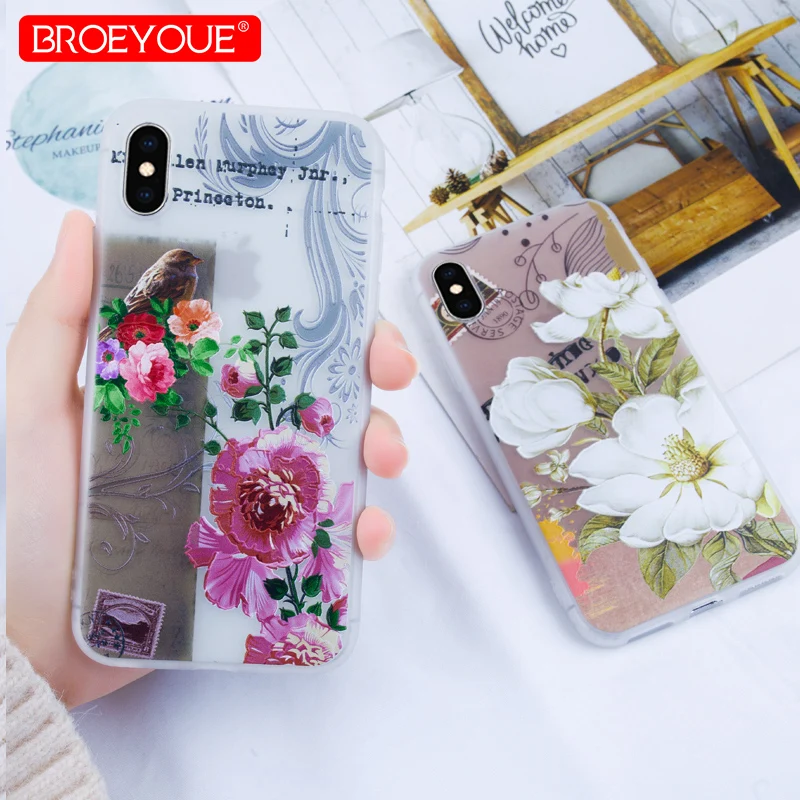 

Retro Flower Case For iPhone 6 6S Plus X 7 8 Plus 3D Relief Cover TPU Silicone Soft Case For iPhone X 8 Plus 5 5S SE Clear Cover