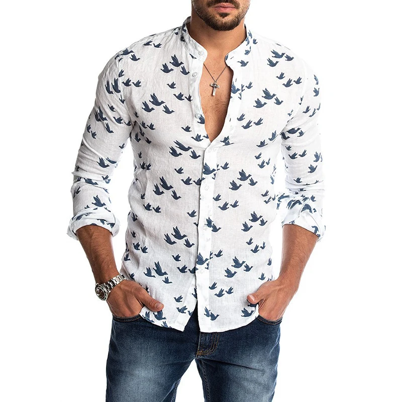 Camisas sociais estampadas masculinas, camisetas casuais de