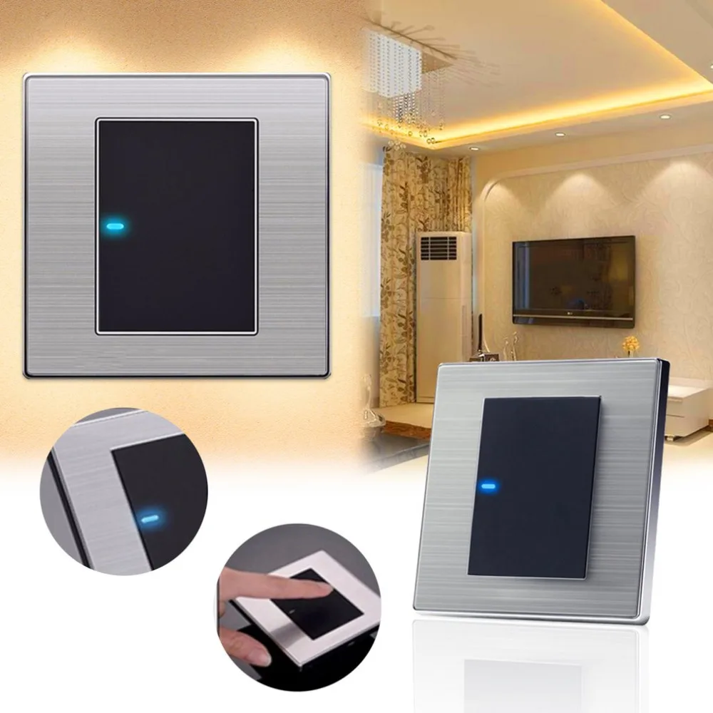 

10A 250V LED Light 1 Gang 1 Way Modern Switch Wall Mount Touch Panel Control Brushed Metal Stainless Steel Home Indoor Switch