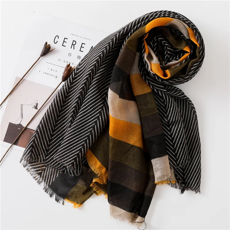 New Design Plaid Striped Patchwork Viscose Shawl Scarf High Quality Print Soft Head Wraps Pashmina Stole Muslim Hijab 180*90Cm