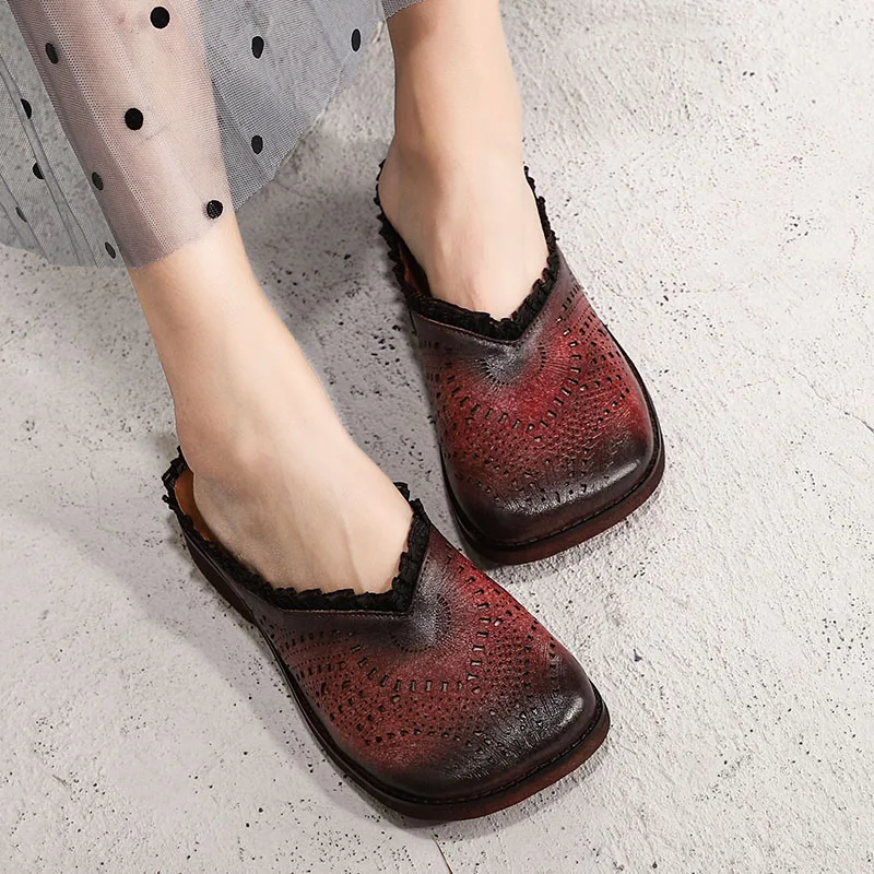 

2019 VALLU Summer Original Leather Shoes Slides Square Toes Woman Genuine Leather Handmade Cover Toe Lady Female Flat Slippers