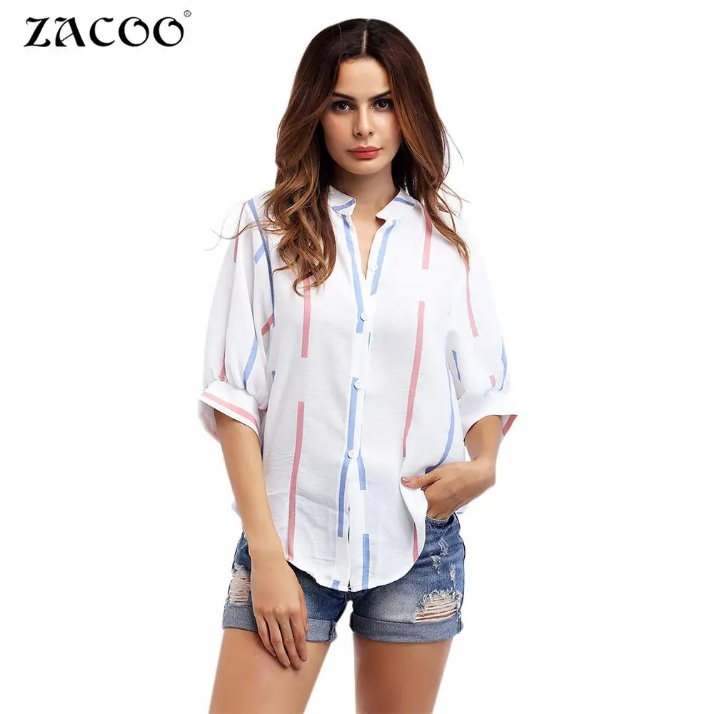 mrwonder Fashion Vertical Striped Blouses Women Half Sleeve Button Down