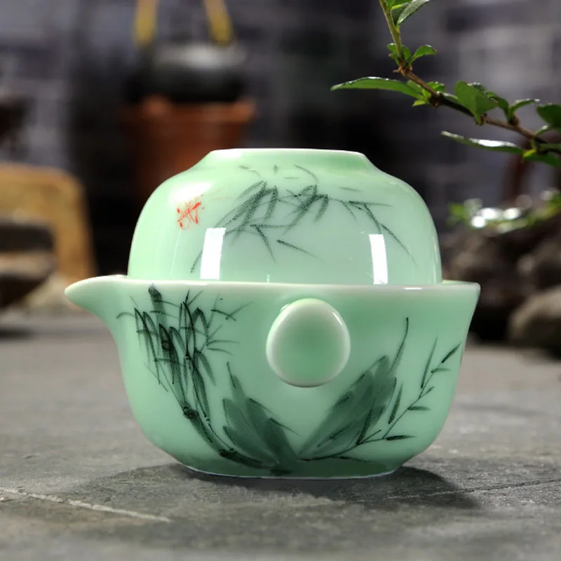 BORREY Celadon Gaiwan дорожный чайный сервиз, китайский фарфоровый чайный горшок, Набор чашек, керамический гайвань, чайный горшок, портативный чайный набор кунг-фу, Чайник Пуэр