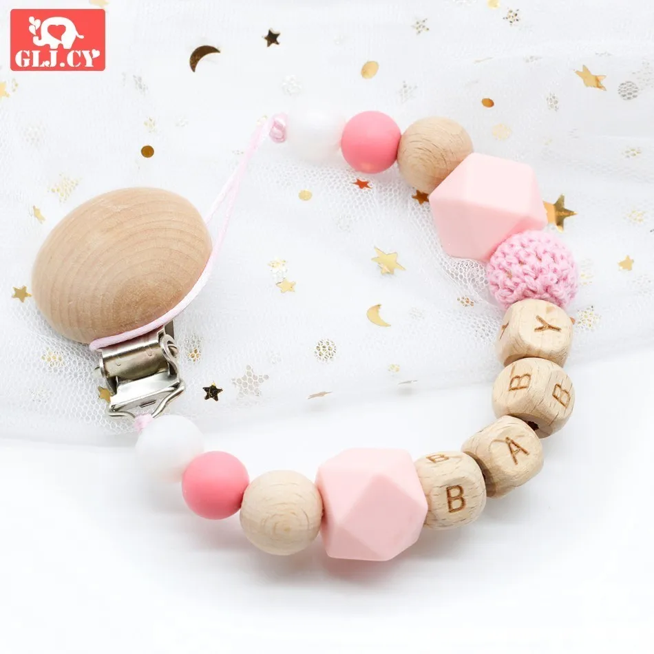 Dummy clip pacifier chain holder wood silicone bpa free baby newborn gift custom personalized name personalised beads beech