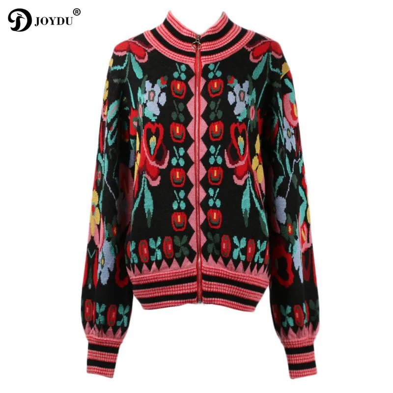 

JOYDU 2019 Vintage Zipper Fly Cardigan Sweater Women Lantern Sleeve Flower Jacquard Stand Collar Streetwear Jumper Knitted Coat
