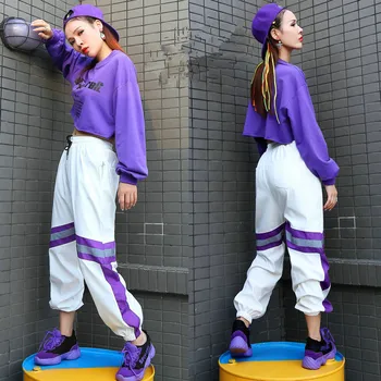 

Adult loose Jazz Harem Hip hop dance Pants Costumes stage performance wear Spliced Pactwork Colorful Purple White Strip Trousers
