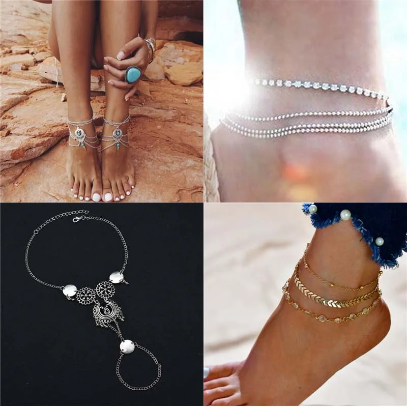 

2018 New personality Summer popular copper sequins hollow stone round bead chain flash drill water drop tassel anklet