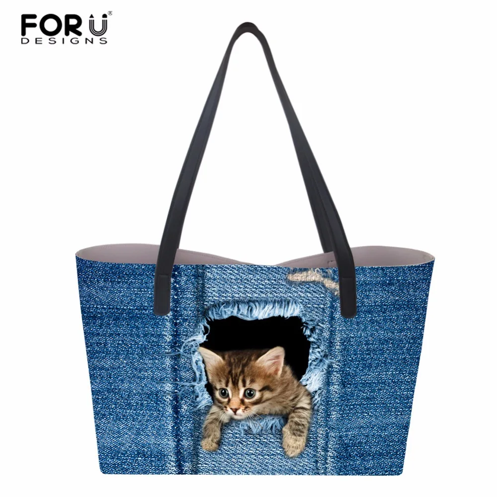 FORUDESIGNS Denim Cat Print PU Leather Women Handbag Hasp Shoulder Bags