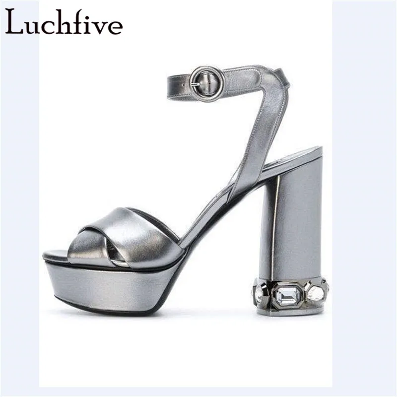 

New Peep Toe Silver Sandals Crystal Chunky High Heels Platform Shoes Women Buckles Strap Summer Sandalias Mujer 2019