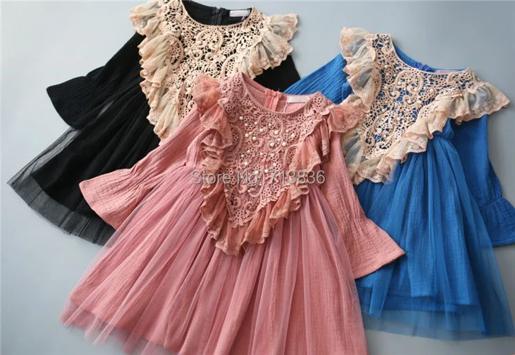 Girls Beaded dresses spring/fall Long sleeve lace pearl tutu party