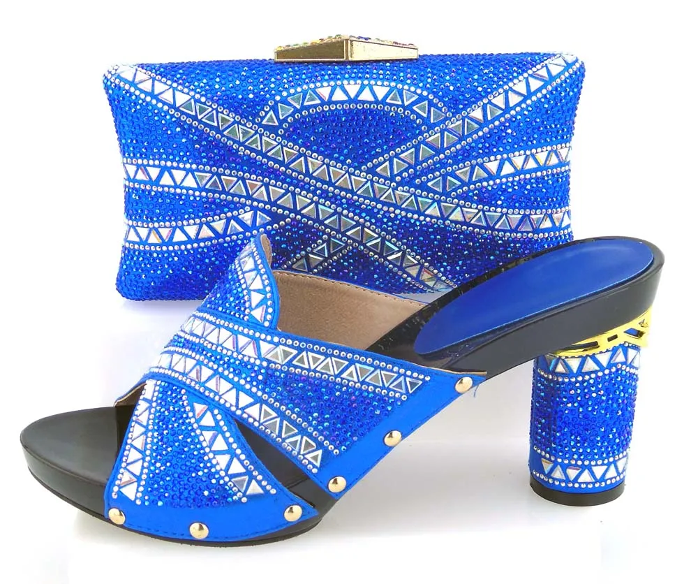 

Royal blue 4 inches slipper women designs italian shoes with matching bag clutches bag aso ebi party free shipping BCSB0039