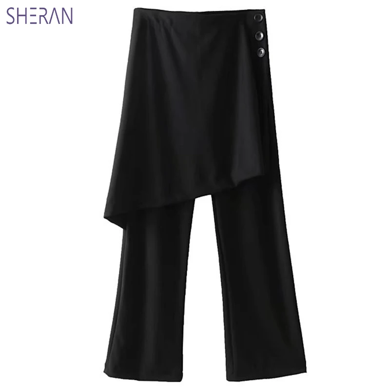 SHERAN women black skirt pants buttons elastic waist