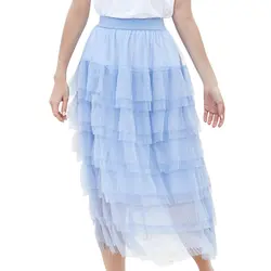 2019 Женские винтажные Юбки эластичный высокая талия тюль плиссированные женские сплошной цвет дикий торт юбка