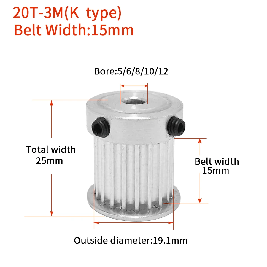 24 Teeth 3M Timing Pulley Bore 5//6//6.35//8mm for Width 15mm 3M Synchronous Belt