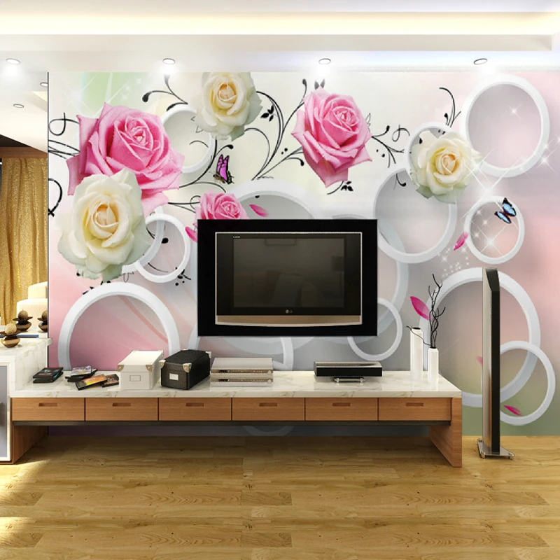 

3D wall mural Pink Rose Circle Flower Mural wallpaper for Living Room and TV Background 3d Wall Photo Mural Fresco