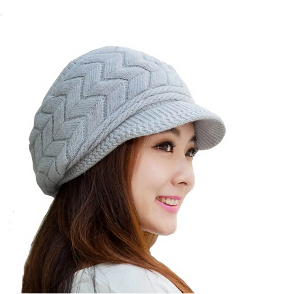 Women Winter Warm Knit Hat Wool Snow Ski Cap With Visor (Grey)in Women