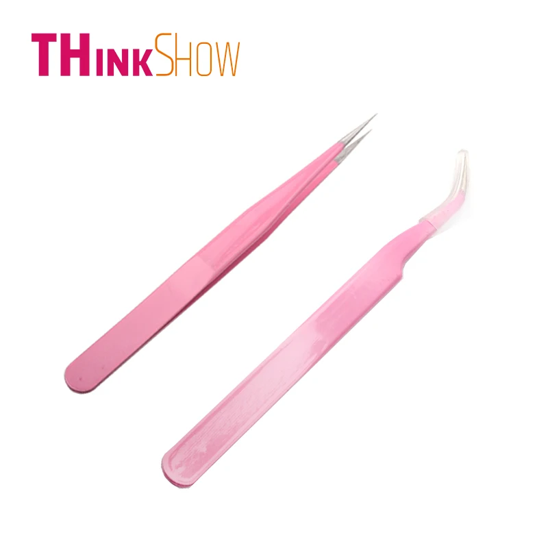

2 Pcs Straight & Curved Tweezers Used in Eyelash Extension,Individual Lashes Extension Pink Tweezers Beauty Makeup Tools