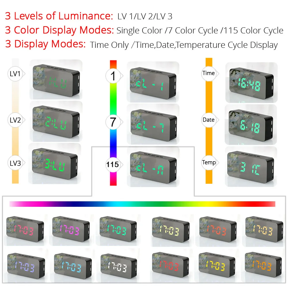 Цифровые часы с будильником, светодиодный, 115 цветов, цифровой, с дистанционным управлением, часы с ночным освещением, повтор, волшебные настольные часы