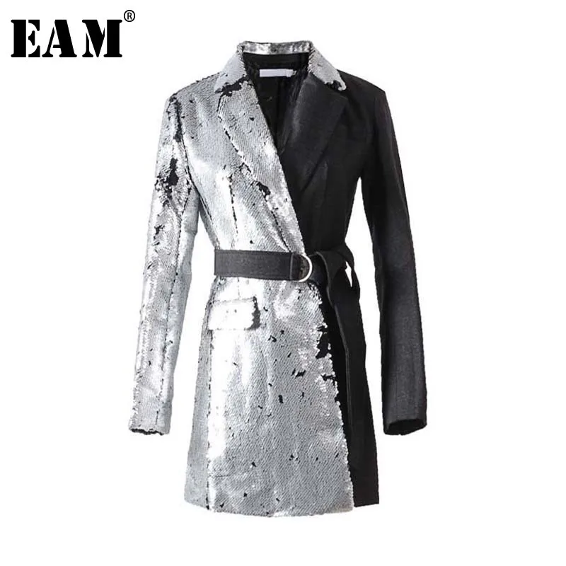 

[EAM] 2019 New Spring Lapel Long Sleeve Half Side Sequins Stitch Loose Buckle Belt Jacket Women Coat Fashion Tide JI994