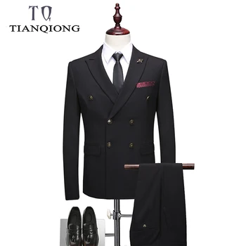 

Double Breasted Men Suit 2019 Latest Coat Pant Designs Brand-clothing Luxury Mens Suits Wedding Groom Black Mens Formal Wear