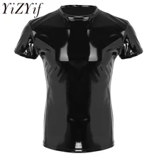 Сексуальная мужская ПВХ кожа мокрого вида футболка жилет стрейч майка латексная Клубная одежда сценический костюм облегающая футболка Топ
