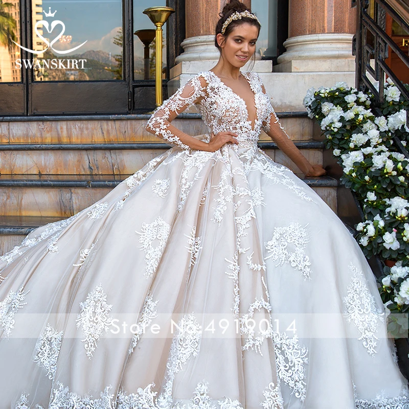 Роскошные свадебные платья Swanskirt с длинным рукавом и аппликацией, новинка, Свадебное бальное платье принцессы с длинным шлейфом, Vestido De Noiva F173