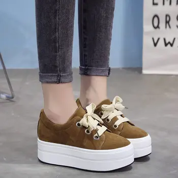 

EOEODOIT Women Autumn Platform Shoes Round Toe Lace Up Casual Sneakers Height Increasing Flat Heel Shoes 6 cm Elevator