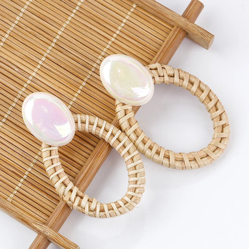 AENSOA Unique Handmade Wooden Oval Straw Weave Rattan Braid Drop Earrings Hollow Jewelry Vine Braid Round Circle Earrings