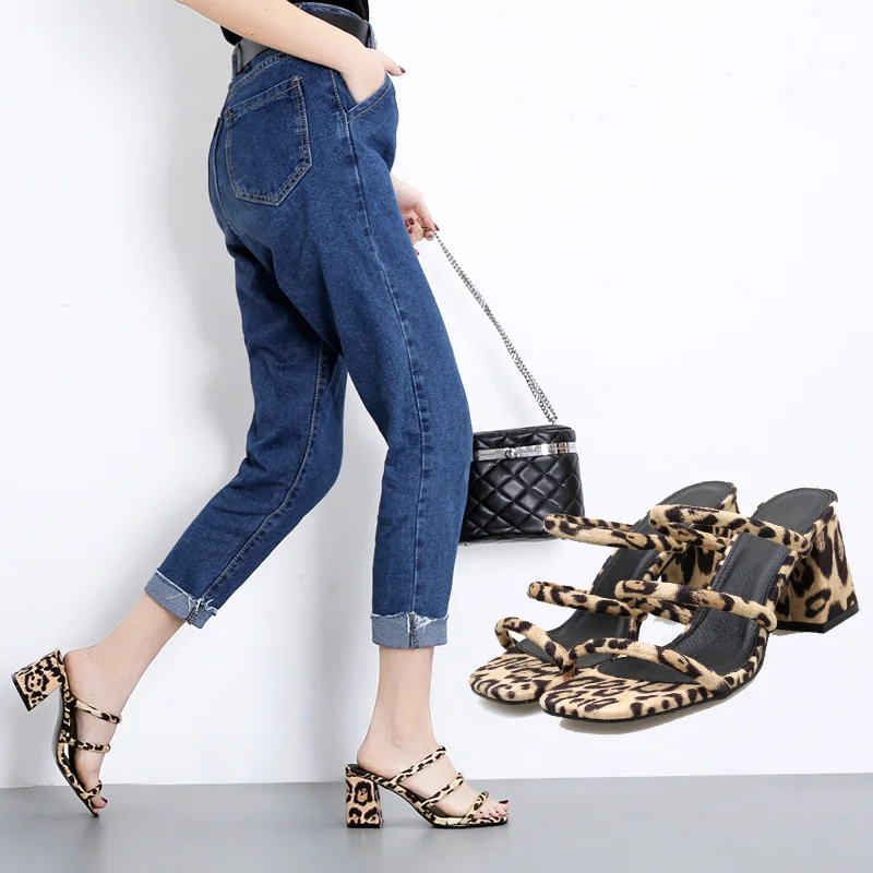 

luxury Woman chunky heel Slippers Summer peep toe slides Leopard Mules High heels shoes sexy hollow slip on pump fashion sandals