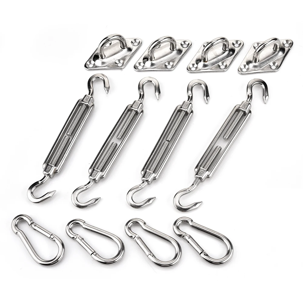

4 pcs Sun Shade Sail Canopy Fixing Accessories Stainless Steel Hardware Kit Turnbuckle Pad Eye Carabiner Clip Hook Screws Silver