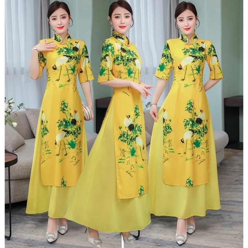 

2019 ao dai yellow style ao dai vintage ethnic aodai half sleeve women silk long cheongsams dress for party vietnam clothing