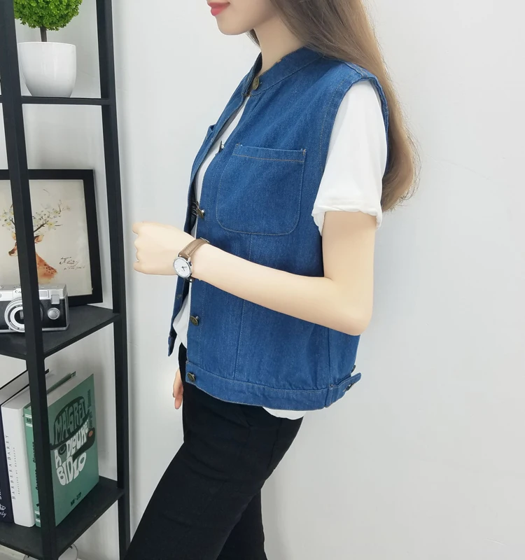 Large Size Bust 5XL Women's Jeans Vest Summer Thin Pure Blue Pocket Jacket Cardigan Sleeveless Female O-Neck Button Waistcoat