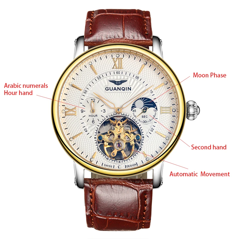 GUANQIN Automatic Mechanical Tourbillon Watch Men Top Brand Luxury Moon Phase Skeleton Male Wrist Watch Man Relogio Masculino
