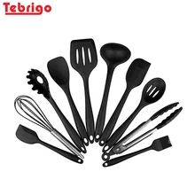 

Tebrigo 10 Pcs/Set Silicone Kitchen Utensils Set Non-Stick Silicone Tong Spoon Spatula Pasta Server Whisk Ladle Strainer Black