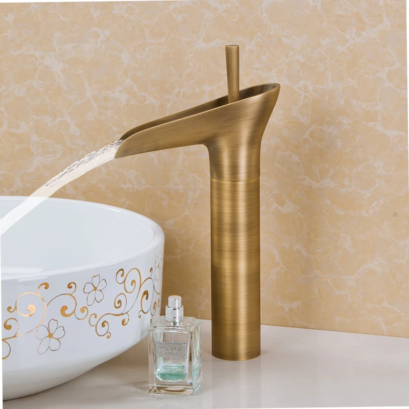 Antique Brass Bathroom Basin Faucet Waterfall Spout Vanity Sink Mixer Tap Single Handle One Hole Deck Mounted KD1270