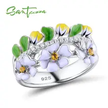 Anillo de plata SANTUZZA para mujer, Plata de Ley 925, hoja verde Vintage, flor blanca, joyería de moda para fiestas, esmalte hecho a mano