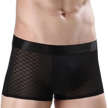 New arrivals male jacquard lce silk plaid hollow out breathable panties sexy flat angle underwear exotic boxer shorts