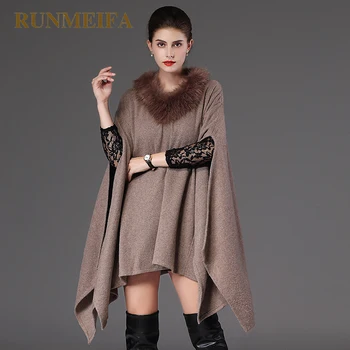 

[RUNMEIFA] European style 2018 new autumn winter Couture size loose fox fur turtleneck sweater imitation cloak shawls
