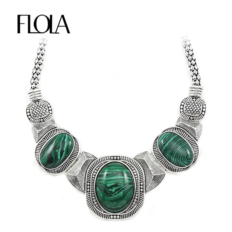 

FLOLA Vintage Green Malachite Stone Chokers Necklace Women Geometric Large Big Choker Necklace Jewelry for women nkem23