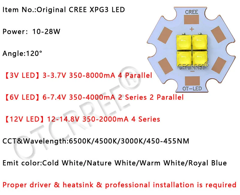 Cree XPG3 XP-G3 3V 6V 12V4Chips 10W-24W High Power LED Emitter Cool White / Warm White / Neutral White Colors on 20mm Copper PCB