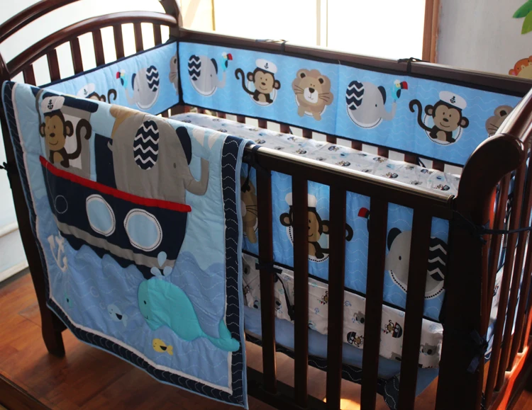 Embroidery Monkey Elephant Navigation Blue Sea Whale Baby Bedding