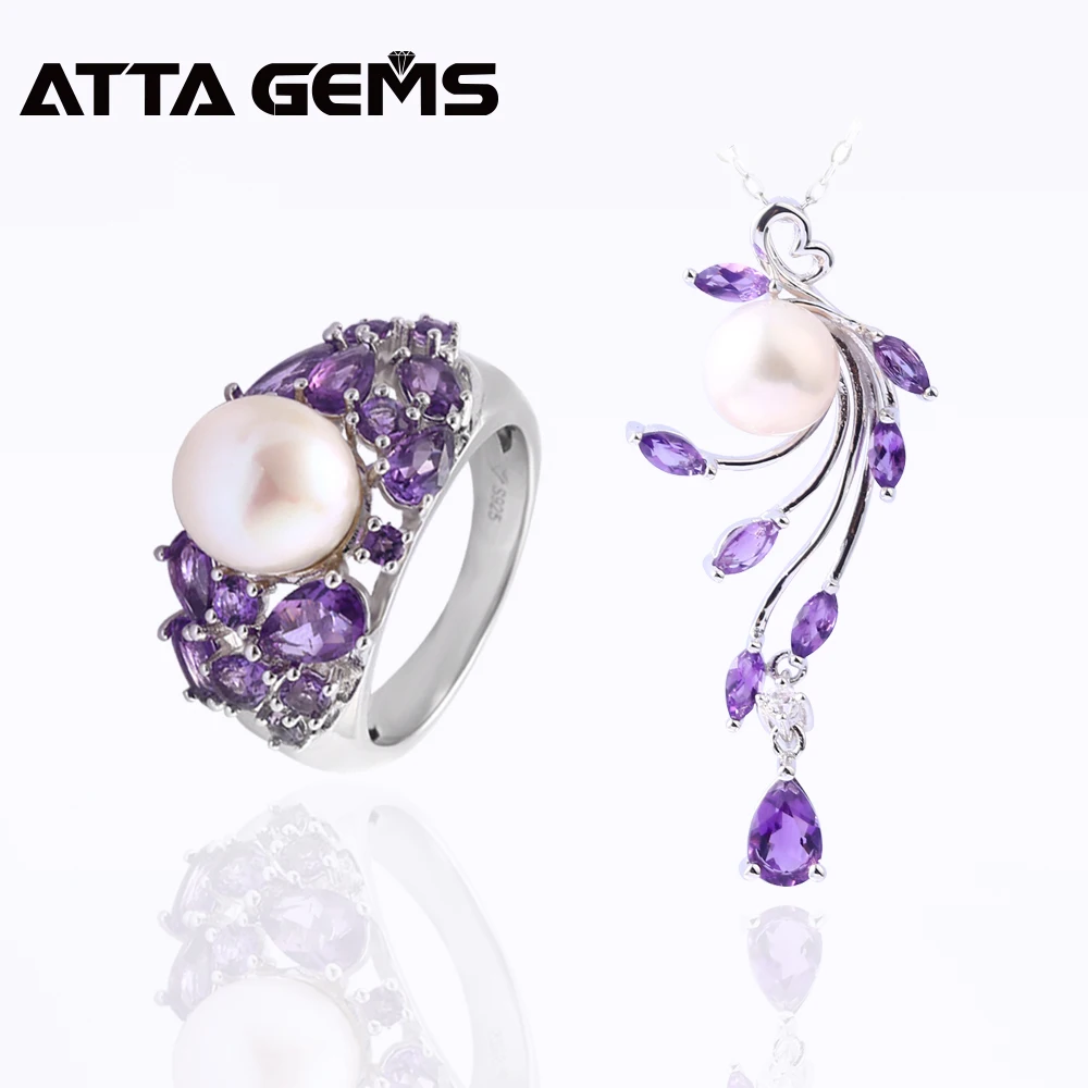 

Natural Amethyst Sterling Silver Rings Pendants for Women Wedding Jewelry 8 Carats Natural Amethyst Pearl Mother's Gift S925