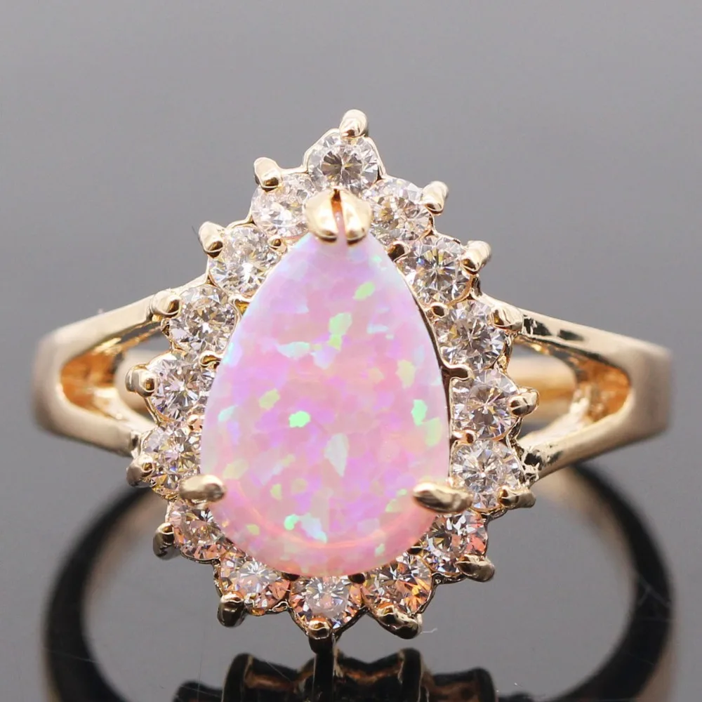 JY Drop fire Opal Pink Opal Ring for women 2017 Fashion Jewelry Gold Color White Crystal Zircon